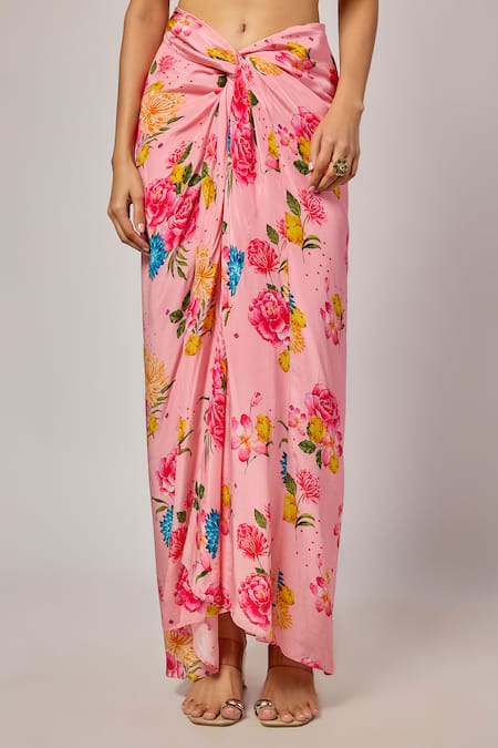 Buy Krishna Padia Pink Crepe Beads, Sequins, Embroidery Floral Printed Blouse And Draped Skirt Set Online at Aza Fashions Buy_Krishna Padia_Pink Crepe Beads, Sequins, Embroidery Floral Printed Blouse And Draped Skirt Set _Online_at_Aza_Fashions