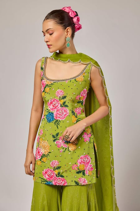 Krishna Padia_Green Crepe, Lurex, Georgette, Organza Floral Print Kurta Sharara Set _Online_at_Aza_Fashions
