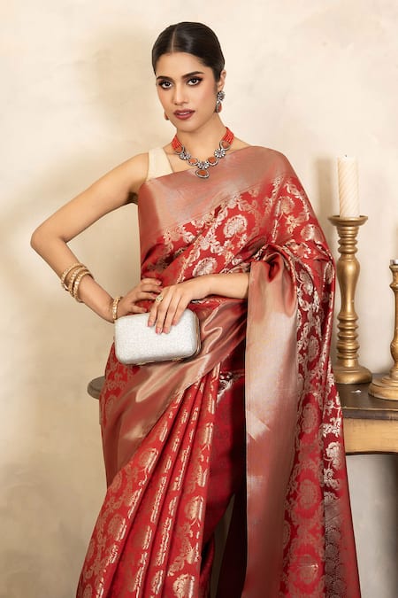 Zal From Benaras_Red Silk Zari Banarasi Handloom Saree With Unstitched Blouse Piece _Online_at_Aza_Fashions