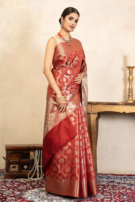 Buy_Zal From Benaras_Red Silk Zari Banarasi Handloom Saree With Unstitched Blouse Piece _Online_at_Aza_Fashions