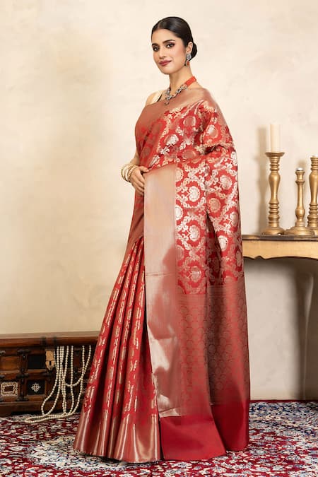 Shop_Zal From Benaras_Red Silk Zari Banarasi Handloom Saree With Unstitched Blouse Piece _Online_at_Aza_Fashions