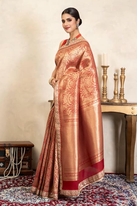 Buy_Zal From Benaras_Red Silk, Brocade Zari, Embroidery Banarasi Saree With Unstitched Blouse Piece _Online_at_Aza_Fashions
