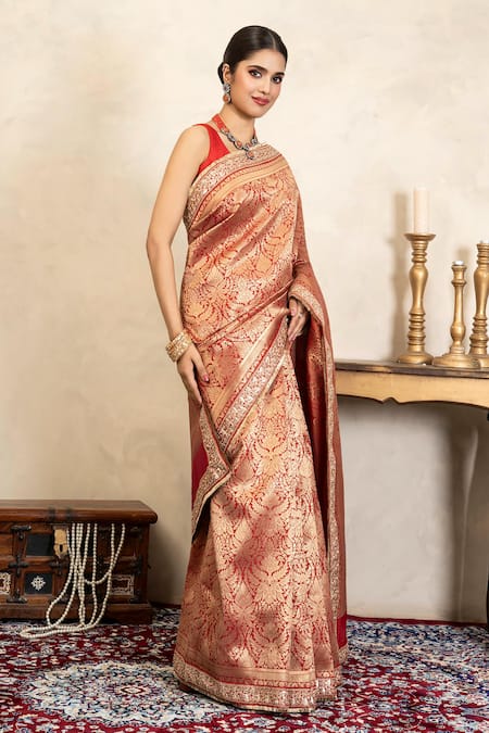 Shop_Zal From Benaras_Red Silk, Brocade Zari, Embroidery Banarasi Saree With Unstitched Blouse Piece _Online_at_Aza_Fashions