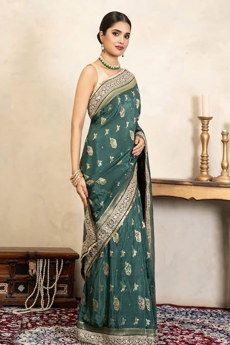 Zal From Benaras Green Silk Zari, Sequins, Fringe Banarasi Saree With Unstitched Blouse Piece Online at Aza Fashions Zal From Benaras_Green Silk Zari, Sequins, Fringe Banarasi Saree With Unstitched Blouse Piece _Online_at_Aza_Fashions
