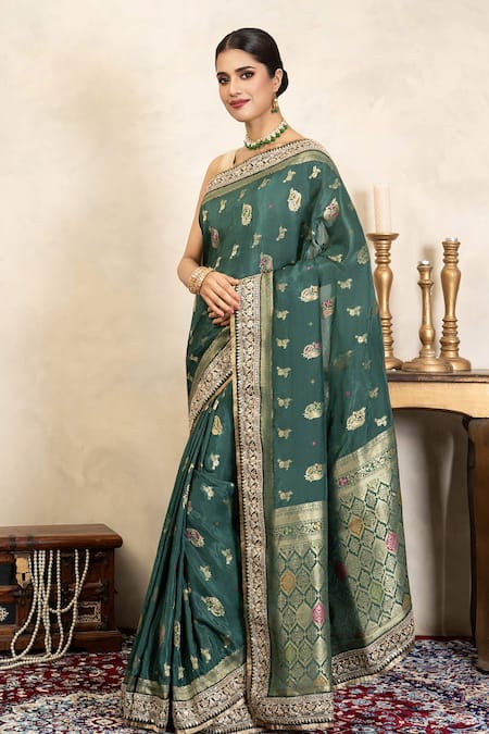 Buy Zal From Benaras Green Silk Zari, Sequins, Fringe Banarasi Saree With Unstitched Blouse Piece Online at Aza Fashions Buy_Zal From Benaras_Green Silk Zari, Sequins, Fringe Banarasi Saree With Unstitched Blouse Piece _Online_at_Aza_Fashions