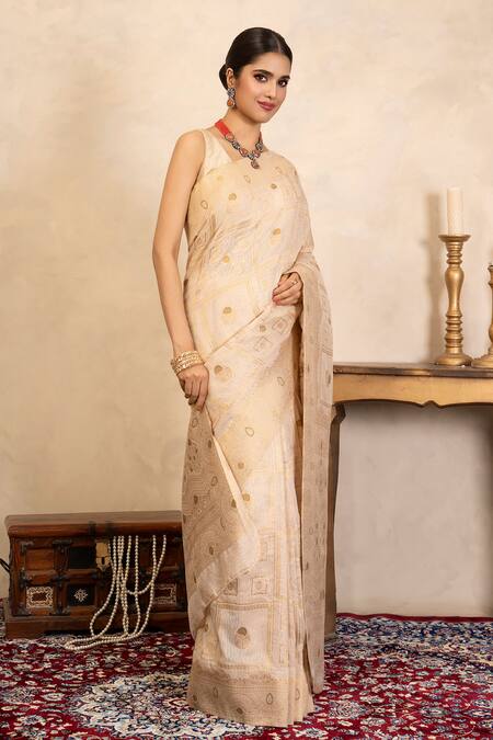 Zal From Benaras_Beige Silk Zari Banarasi Saree With Unstitched Blouse Fabric _Online_at_Aza_Fashions