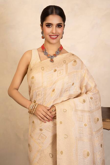 Buy_Zal From Benaras_Beige Silk Zari Banarasi Saree With Unstitched Blouse Fabric _Online_at_Aza_Fashions
