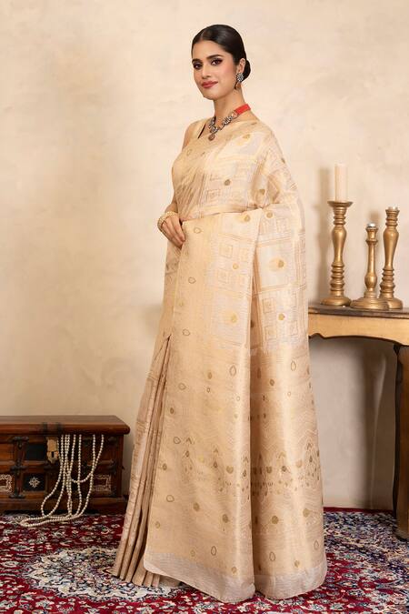 Shop_Zal From Benaras_Beige Silk Zari Banarasi Saree With Unstitched Blouse Fabric _Online_at_Aza_Fashions