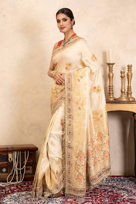 Zal From Benaras_Cream Silk Embroidery Handloom Saree With Unstitched Blouse Fabric _Online_at_Aza_Fashions