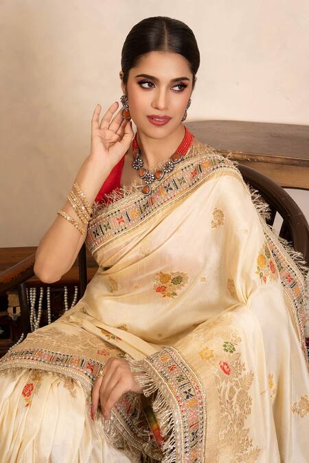 Shop_Zal From Benaras_Cream Silk Embroidery Handloom Saree With Unstitched Blouse Fabric _Online_at_Aza_Fashions
