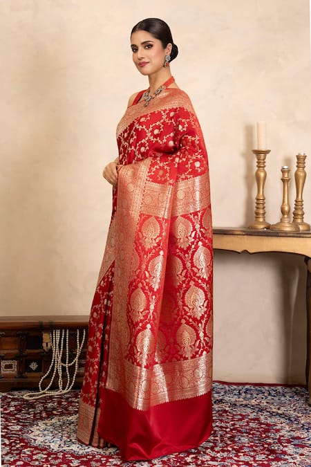 Zal From Benaras_Red Silk, Satin Zari Banarasi Handloom Saree With Unstitched Blouse Piece _Online_at_Aza_Fashions