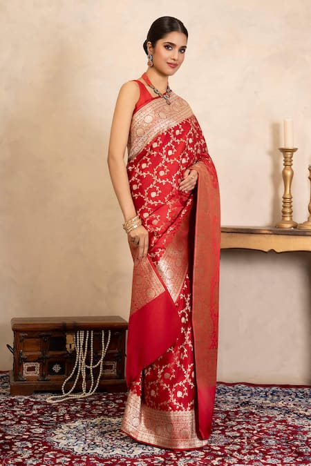 Buy_Zal From Benaras_Red Silk, Satin Zari Banarasi Handloom Saree With Unstitched Blouse Piece _Online_at_Aza_Fashions