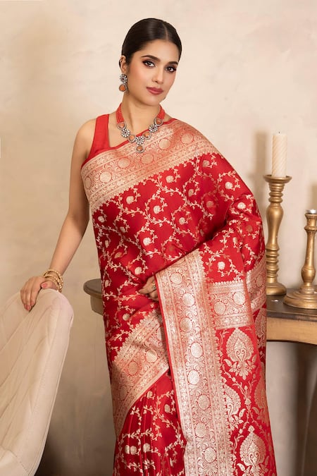 Shop_Zal From Benaras_Red Silk, Satin Zari Banarasi Handloom Saree With Unstitched Blouse Piece _Online_at_Aza_Fashions