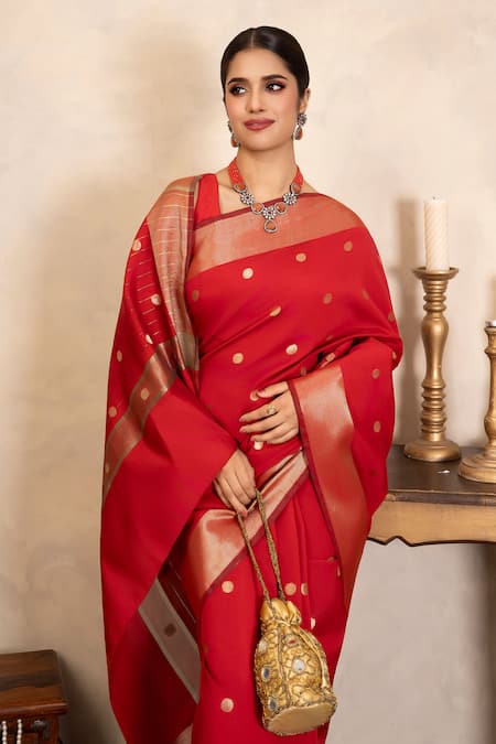 Buy Zal From Benaras Red Chiffon, Silk Zari Banarasi Handloom Saree With Unstitched Blouse Piece Online at Aza Fashions Buy_Zal From Benaras_Red Chiffon, Silk Zari Banarasi Handloom Saree With Unstitched Blouse Piece _Online_at_Aza_Fashions