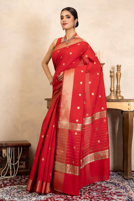 Shop Zal From Benaras Red Chiffon, Silk Zari Banarasi Handloom Saree With Unstitched Blouse Piece Online at Aza Fashions Shop_Zal From Benaras_Red Chiffon, Silk Zari Banarasi Handloom Saree With Unstitched Blouse Piece _Online_at_Aza_Fashions