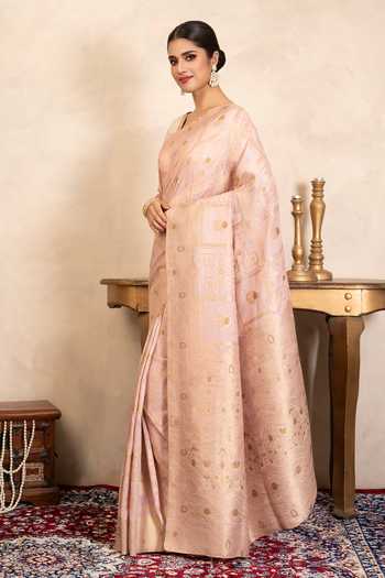 Buy_Zal From Benaras_Pink Silk Zari, Embroidery Banarasi Handloom Saree With Unstitched Blouse Piece _Online_at_Aza_Fashions