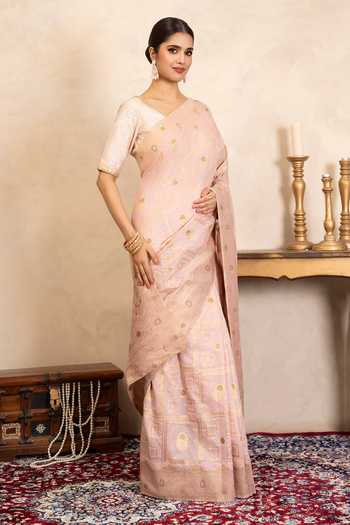 Shop_Zal From Benaras_Pink Silk Zari, Embroidery Banarasi Handloom Saree With Unstitched Blouse Piece _Online_at_Aza_Fashions