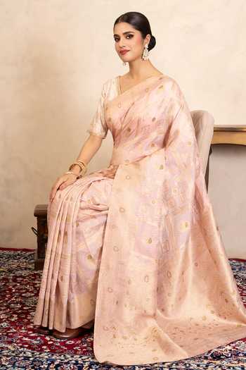 Zal From Benaras_Pink Silk Zari, Embroidery Banarasi Handloom Saree With Unstitched Blouse Piece _at_Aza_Fashions