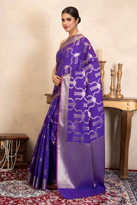 Buy_Zal From Benaras_Purple Silk Zari Banarasi Handloom Saree With Unstitched Blouse Fabric _Online_at_Aza_Fashions