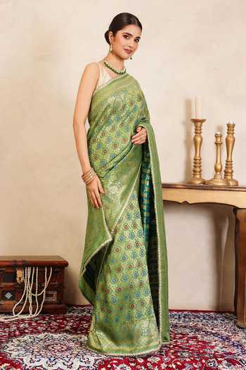Zal From Benaras_Green Silk Zari, Banarasi Meenakari Saree With Unstitched Blouse Fabric _Online_at_Aza_Fashions