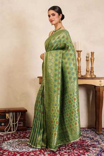 Buy_Zal From Benaras_Green Silk Zari, Banarasi Meenakari Saree With Unstitched Blouse Fabric _Online_at_Aza_Fashions