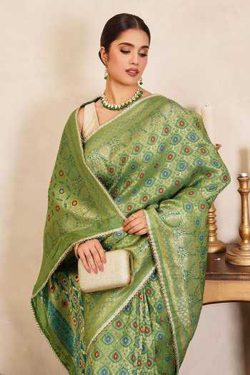 Zal From Benaras_Green Silk Zari, Banarasi Meenakari Saree With Unstitched Blouse Fabric _at_Aza_Fashions
