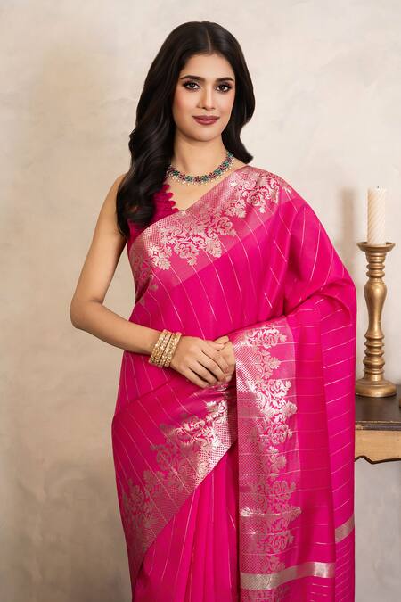 Zal From Benaras_Pink Silk Zari Banarasi Saree With Unstitched Blouse Fabric _Online_at_Aza_Fashions