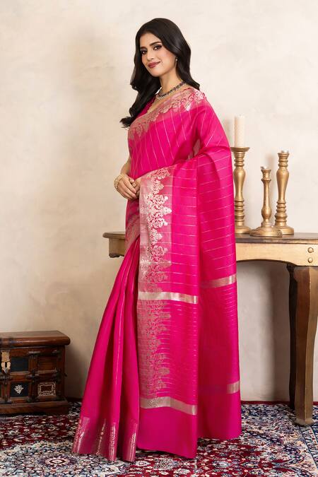 Buy_Zal From Benaras_Pink Silk Zari Banarasi Saree With Unstitched Blouse Fabric _Online_at_Aza_Fashions