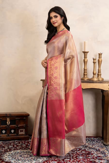 Zal From Benaras_Pink Silk Zari, Kanjeevaram Banarasi Saree With Unstitched Blouse Fabric _Online_at_Aza_Fashions