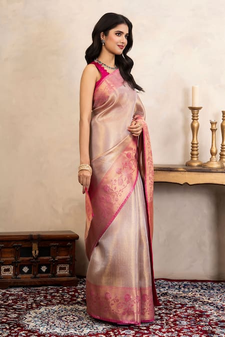Buy_Zal From Benaras_Pink Silk Zari, Kanjeevaram Banarasi Saree With Unstitched Blouse Fabric _Online_at_Aza_Fashions