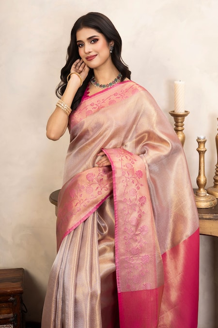 Shop_Zal From Benaras_Pink Silk Zari, Kanjeevaram Banarasi Saree With Unstitched Blouse Fabric _Online_at_Aza_Fashions