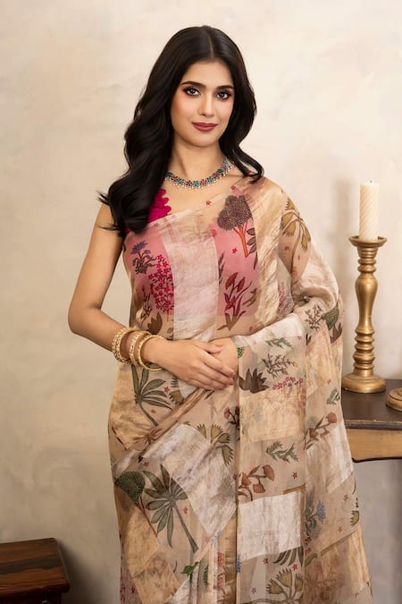 Zal From Benaras_Beige Organza Handloom Printed Saree With Unstitched Blouse Fabric _Online_at_Aza_Fashions
