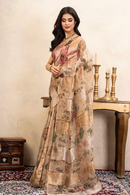 Shop_Zal From Benaras_Beige Organza Handloom Printed Saree With Unstitched Blouse Fabric _Online_at_Aza_Fashions