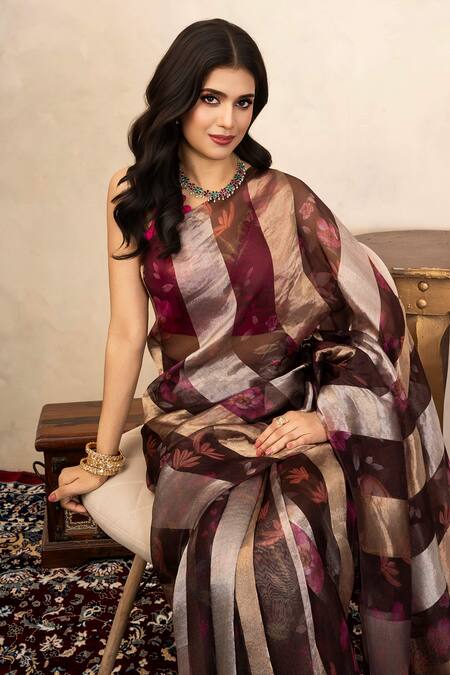 Zal From Benaras_Brown Organza, Silk Handloom Printed Saree With Unstitched Blouse Fabric _Online_at_Aza_Fashions