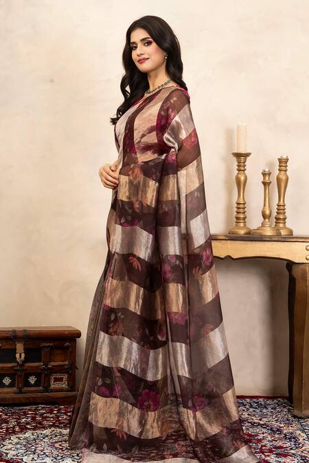 Buy_Zal From Benaras_Brown Organza, Silk Handloom Printed Saree With Unstitched Blouse Fabric _Online_at_Aza_Fashions