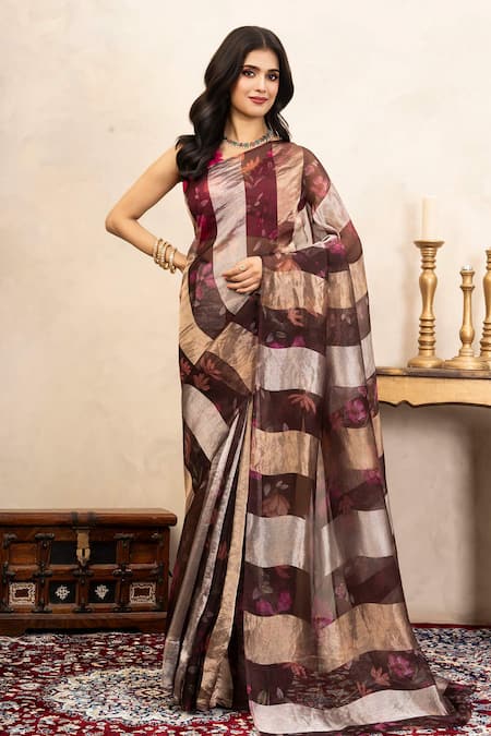 Zal From Benaras Handloom Printed Saree With Unstitched Blouse Fabric 
