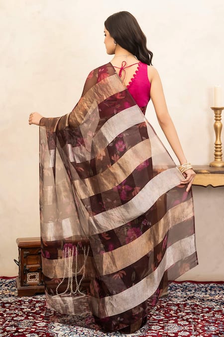 Zal From Benaras Handloom Printed Saree With Unstitched Blouse Fabric 