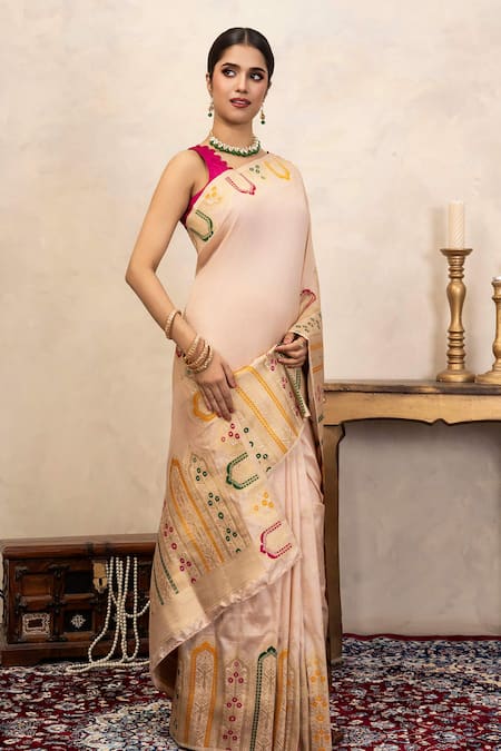 Zal From Benaras_Pink Silk Zari, Embroidery Banarasi Handloom Saree With Unstitched Blouse Fabric _Online_at_Aza_Fashions
