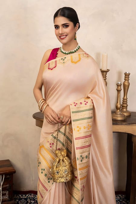 Shop_Zal From Benaras_Pink Silk Zari, Embroidery Banarasi Handloom Saree With Unstitched Blouse Fabric _Online_at_Aza_Fashions