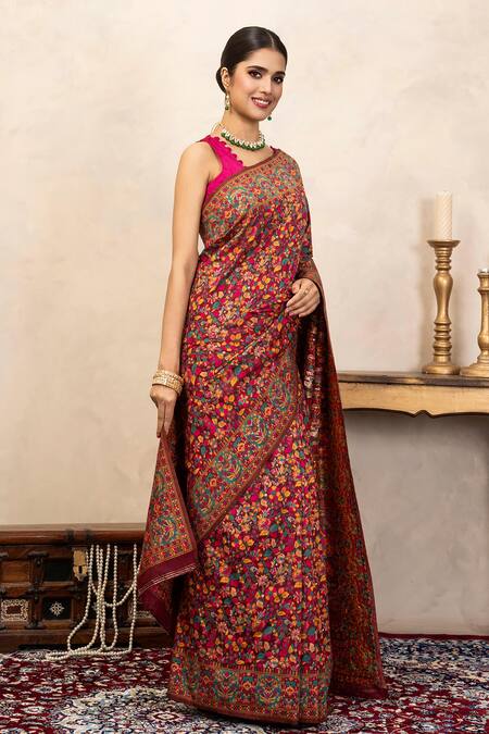 Zal From Benaras_Red Silk Zari, Embroidery Banarasi Meenakari Saree With Unstitched Blouse Fabric _Online_at_Aza_Fashions