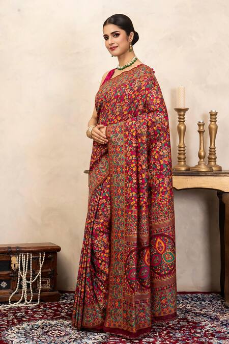 Buy_Zal From Benaras_Red Silk Zari, Embroidery Banarasi Meenakari Saree With Unstitched Blouse Fabric _Online_at_Aza_Fashions