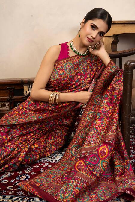 Zal From Benaras_Red Silk Zari, Embroidery Banarasi Meenakari Saree With Unstitched Blouse Fabric _at_Aza_Fashions