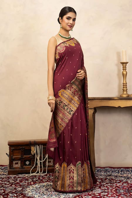 Zal From Benaras_Maroon Silk Zari, Embroidery Katan Banarasi Saree With Unstitched Blouse Fabric _Online_at_Aza_Fashions