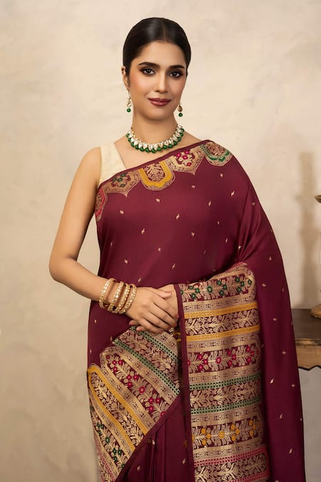 Buy_Zal From Benaras_Maroon Silk Zari, Embroidery Katan Banarasi Saree With Unstitched Blouse Fabric _Online_at_Aza_Fashions
