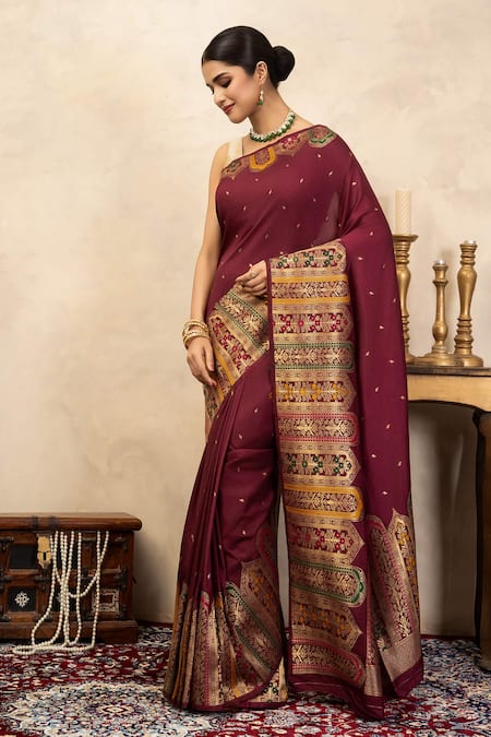 Shop_Zal From Benaras_Maroon Silk Zari, Embroidery Katan Banarasi Saree With Unstitched Blouse Fabric _Online_at_Aza_Fashions