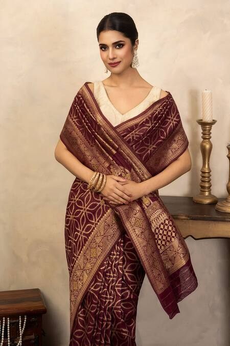 Zal From Benaras_Maroon Silk Zari Banarasi Saree With Unstitched Blouse Fabric _Online_at_Aza_Fashions