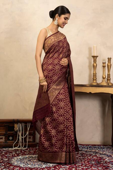 Buy_Zal From Benaras_Maroon Silk Zari Banarasi Saree With Unstitched Blouse Fabric _Online_at_Aza_Fashions