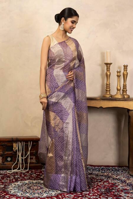 Shop_Zal From Benaras_Lavender Organza Bandhani Print Saree With Unstitched Blouse Fabric _Online_at_Aza_Fashions