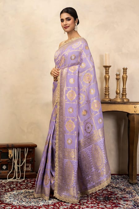 Zal From Benaras_Lavender Silk Zari, Banarasi Patola Saree With Unstitched Blouse Fabric _Online_at_Aza_Fashions