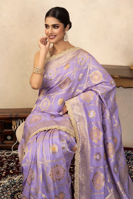 Shop_Zal From Benaras_Lavender Silk Zari, Banarasi Patola Saree With Unstitched Blouse Fabric _Online_at_Aza_Fashions